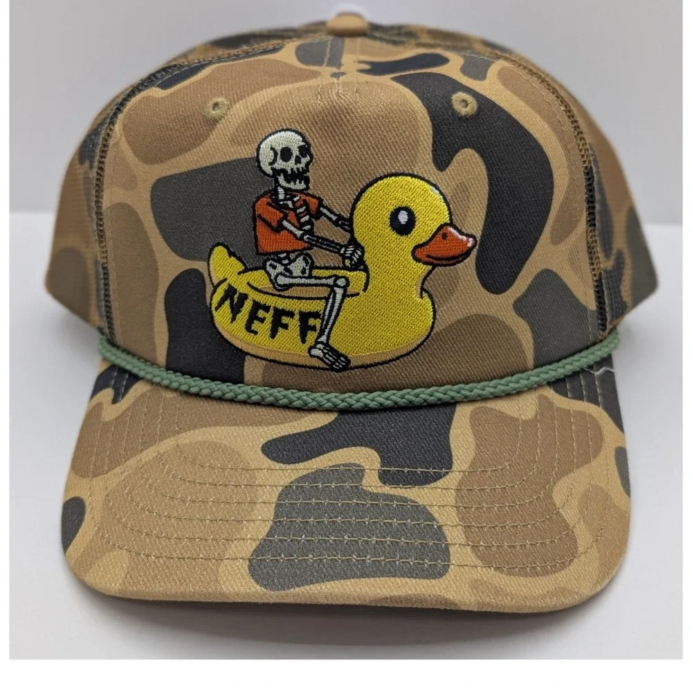 Neff Camo Trucker Hat‎ Skeleton Riding Rubber Duck Snapback Cap Brown Green New